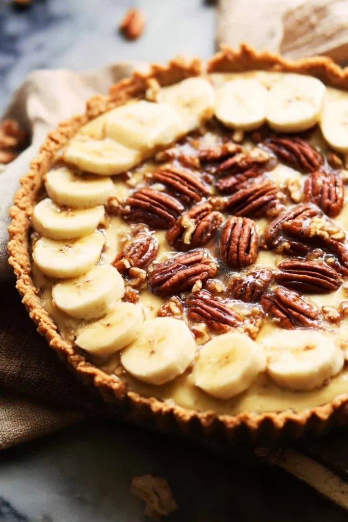 No Bake Banana Caramel Pecan Pie 1 No Bake Banana Caramel Pecan Pie with pecans and banana slices