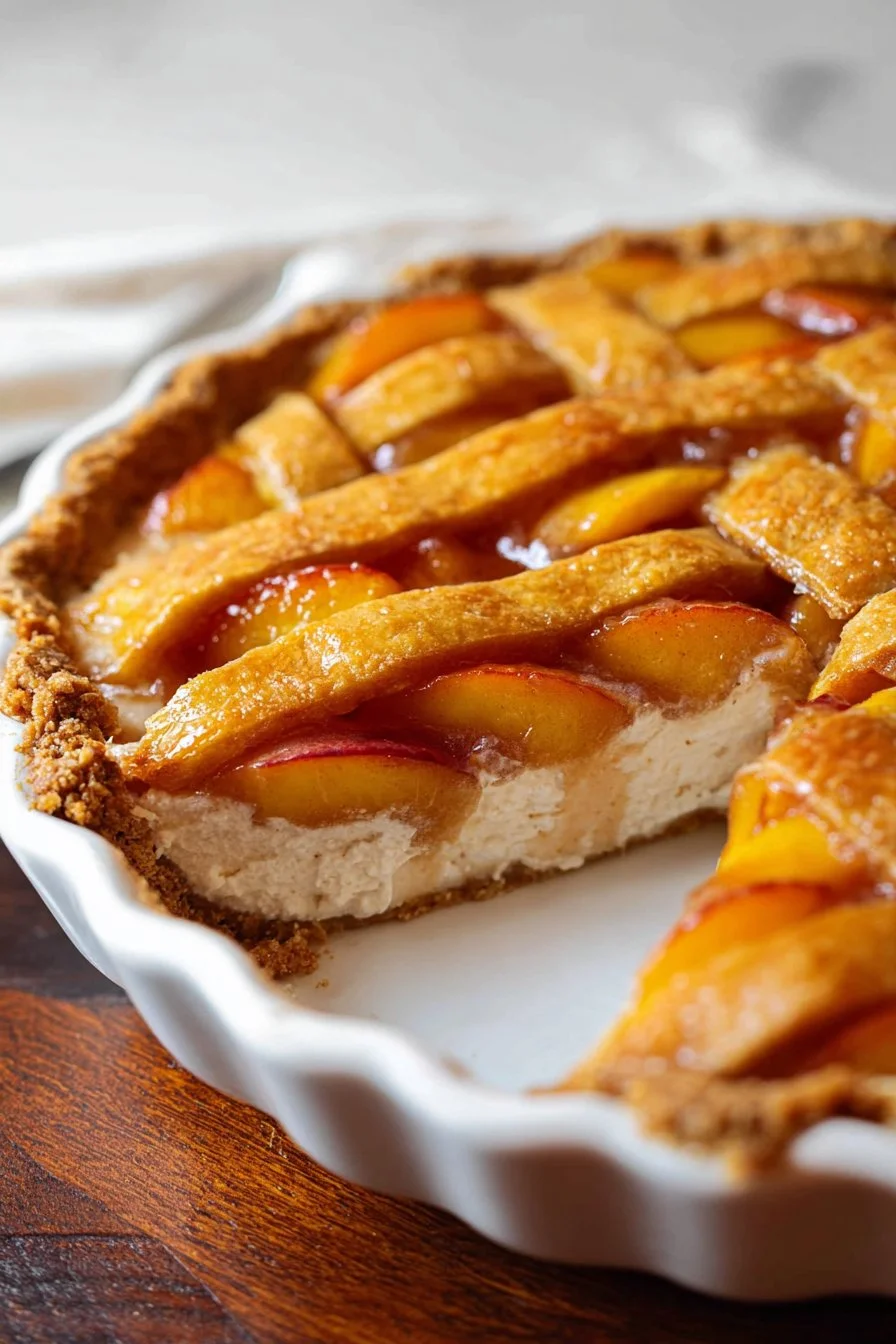 No-Bake Fresh Peach Pie topped with whipped cream and fresh peaches