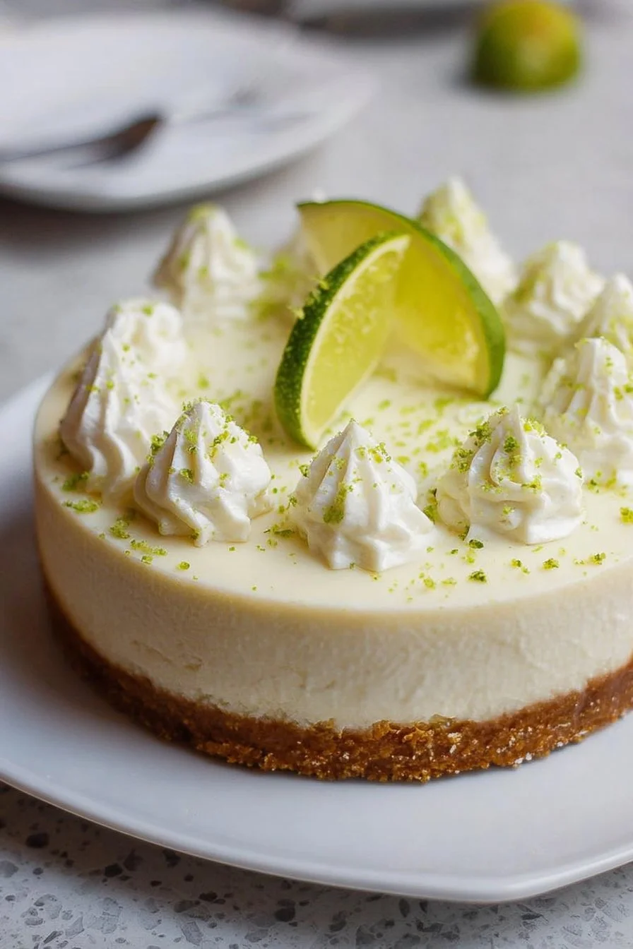No Bake Key Lime Cheesecake served on a plate with lime garnish