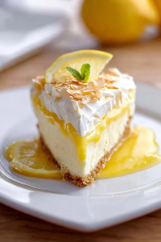 No Bake Lemon Macaroon Cheesecake with lemon zest and coconut topping