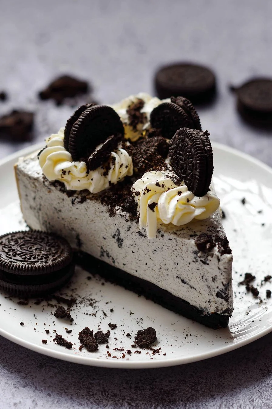 No-Bake Oreo Cheesecake topped with crushed Oreos on a dessert plate