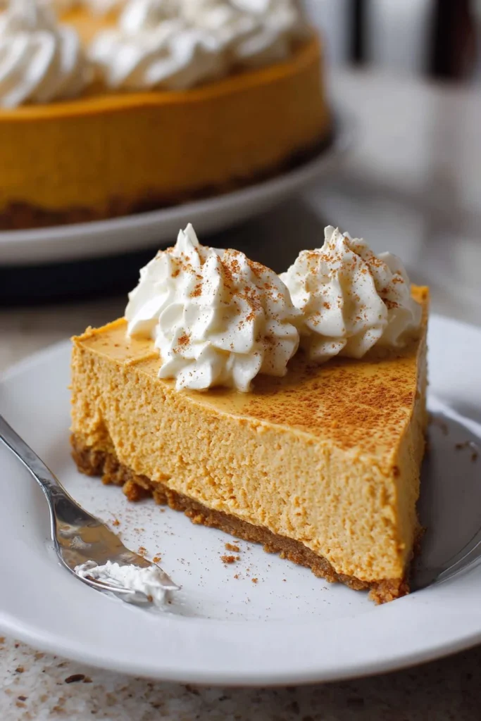 Delicious no-bake pumpkin cheesecake topped with whipped cream and cinnamon.
