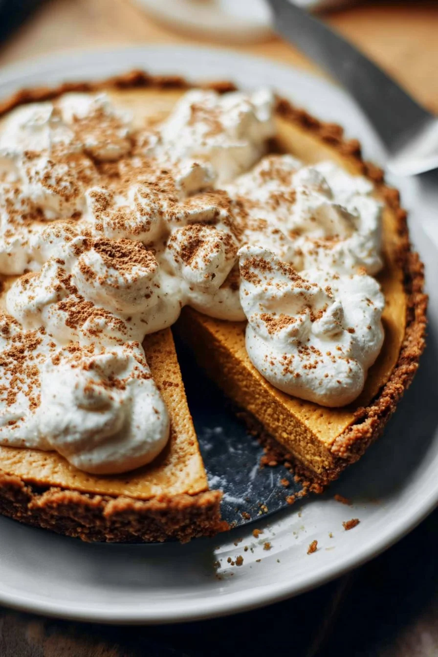 Delicious no bake pumpkin cookie pie served with whipped cream