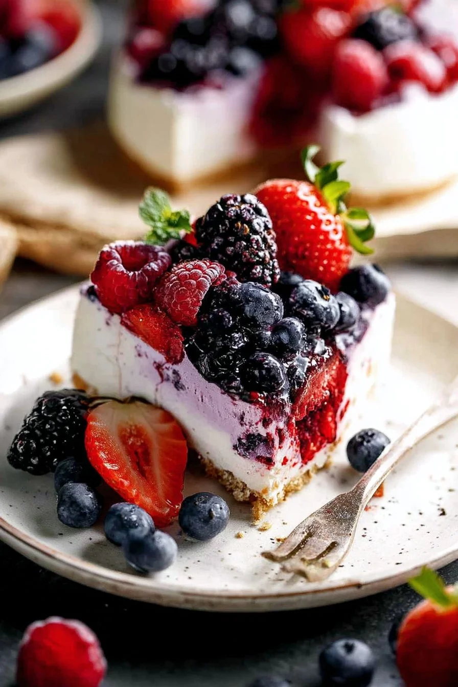 No Bake Very Berry Cheesecake topped with assorted fresh berries