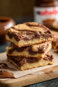 Delicious Nutella Blondies baked in a pan, featuring a golden and gooey texture.