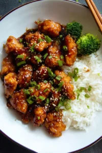 One Pan General Tso's Chicken served with vegetables on a plate.