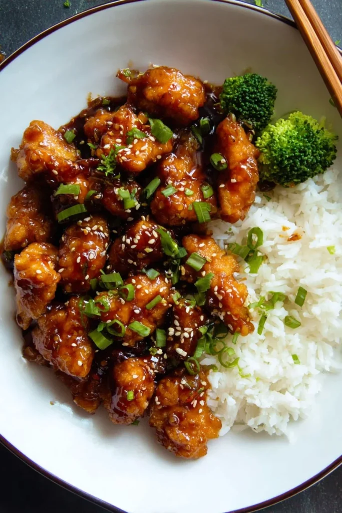 One Pan General Tso's Chicken served with vegetables on a plate.