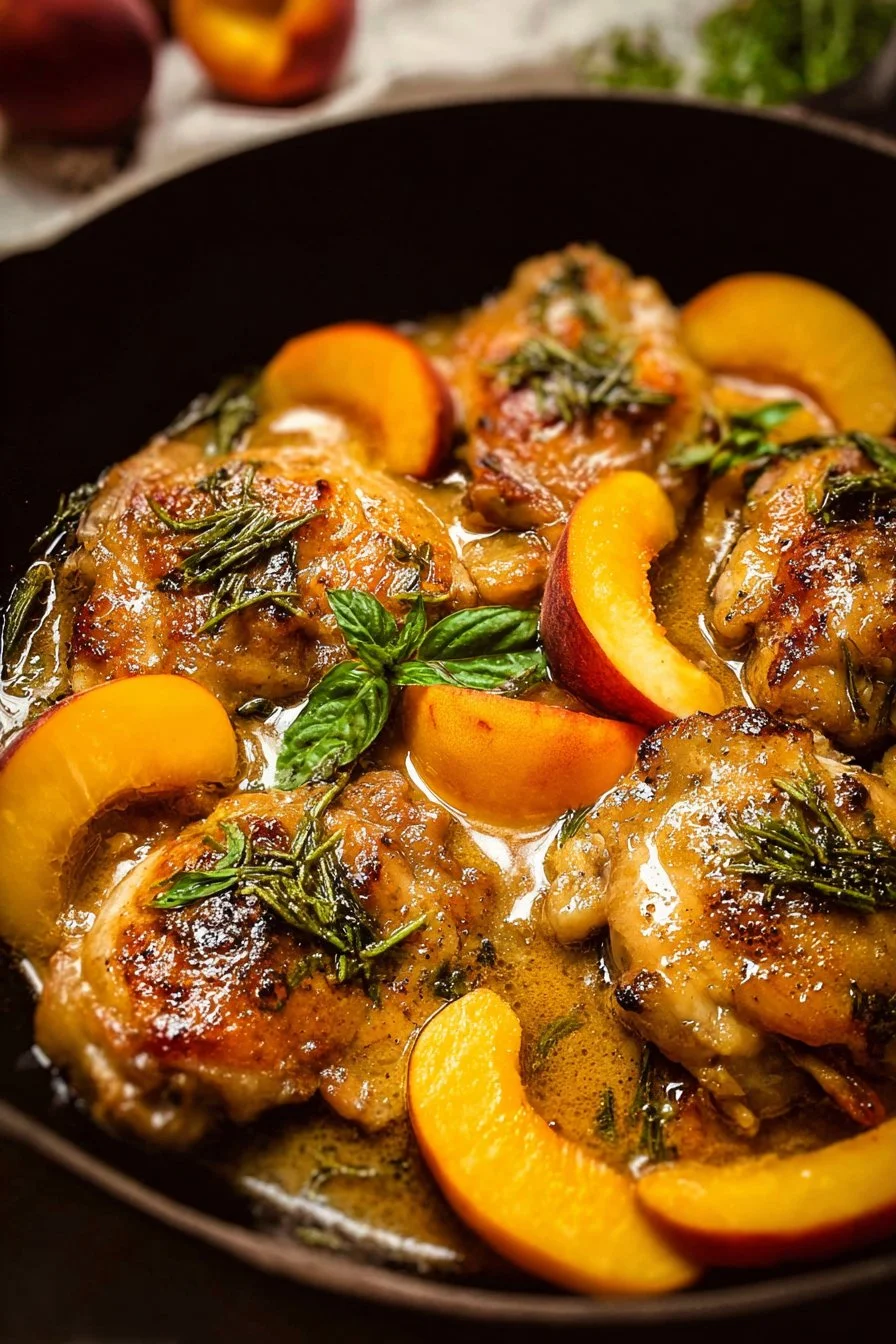 One Pan Peach Chicken dish with juicy chicken and fresh peaches.