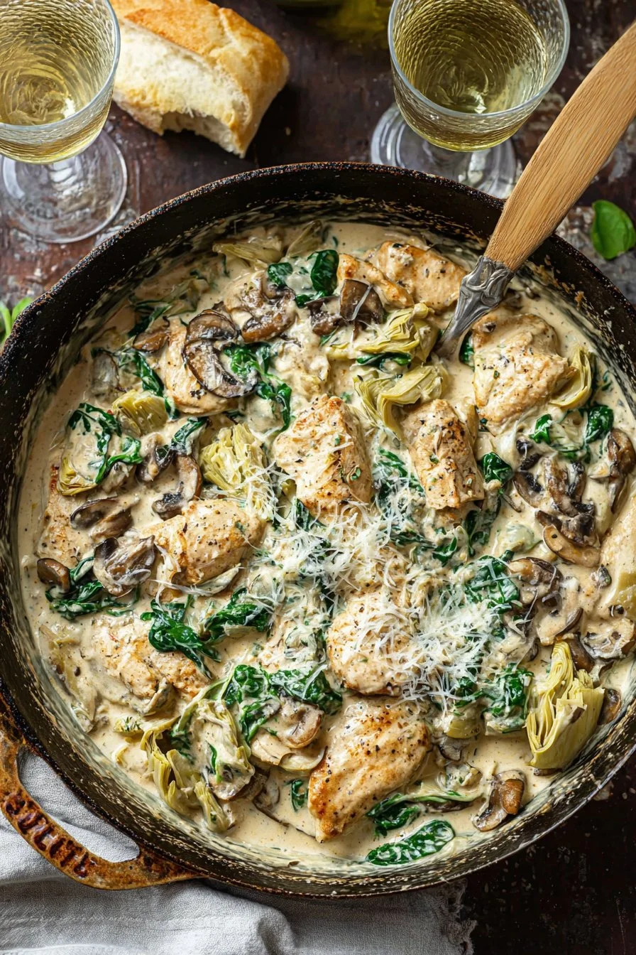 One pot creamy chicken with spinach, mushrooms, and artichokes
