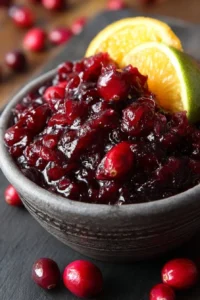 Homemade orange and lime cranberry sauce served in a bowl.