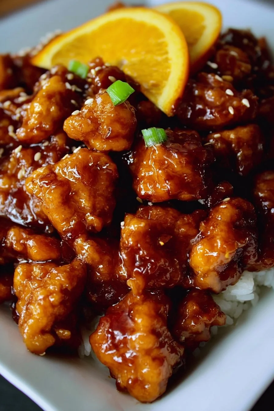 Delicious homemade orange chicken served with steamed rice and vegetables