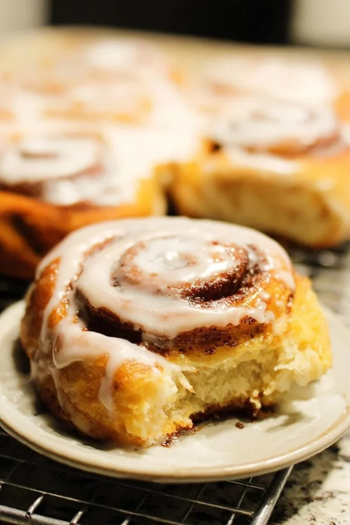 Homemade overnight cinnamon rolls topped with icing on a plate