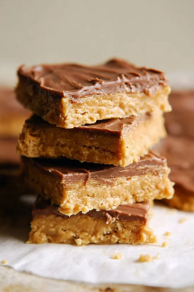 Delicious homemade peanut butter bars in a square shape on a white plate