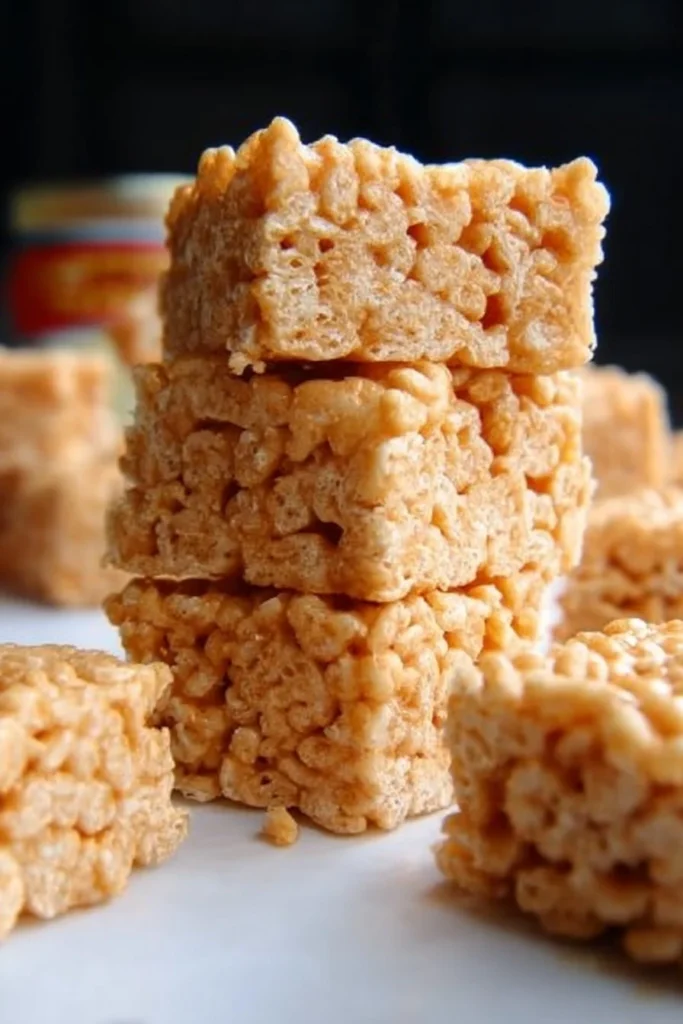 Peanut Butter Rice Crispy Treats made without marshmallows in a colorful plate.