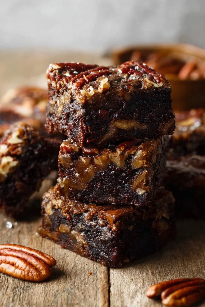 Delicious pecan pie brownies topped with crunchy pecans and a rich chocolate layer.
