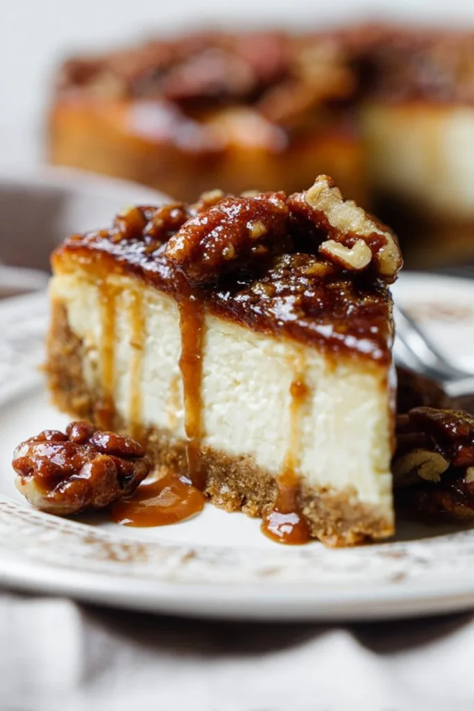 Delicious pecan pie cheesecake with a rich, creamy topping and pecan garnish