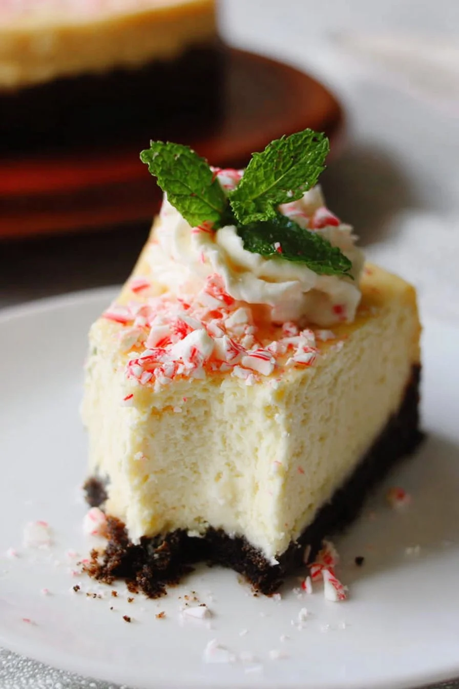 Delicious peppermint cheesecake topped with whipped cream and peppermint candy.