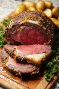 Deliciously cooked prime rib roast with herbs and spices