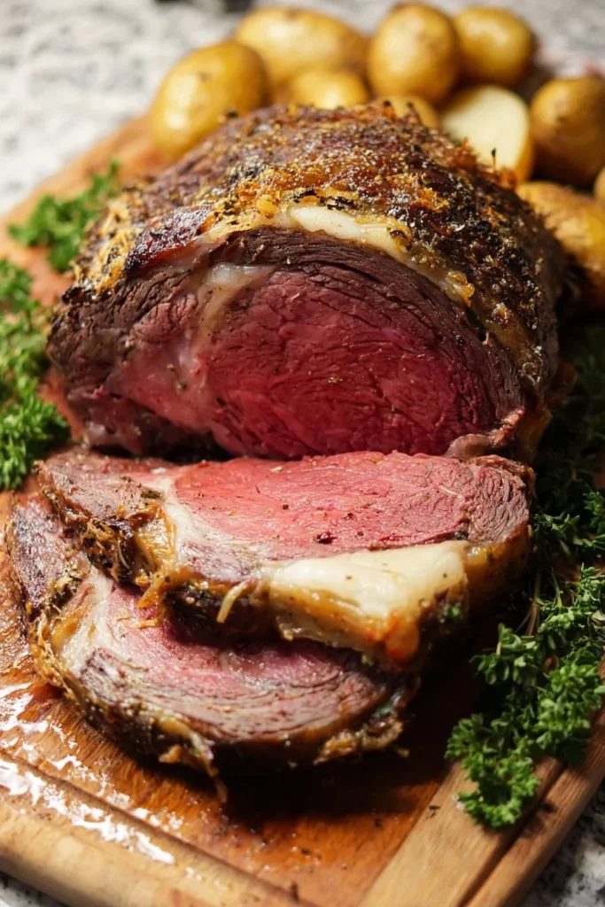 Deliciously cooked prime rib roast with herbs and spices