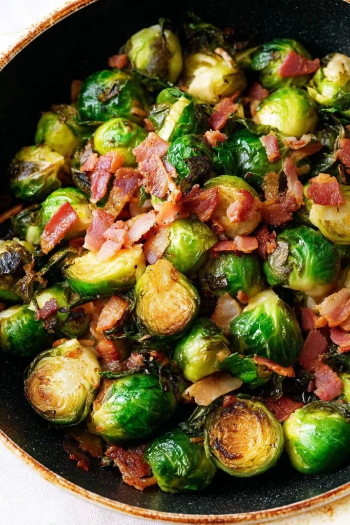Delicious sautéed brussel sprouts with crispy bacon on a plate