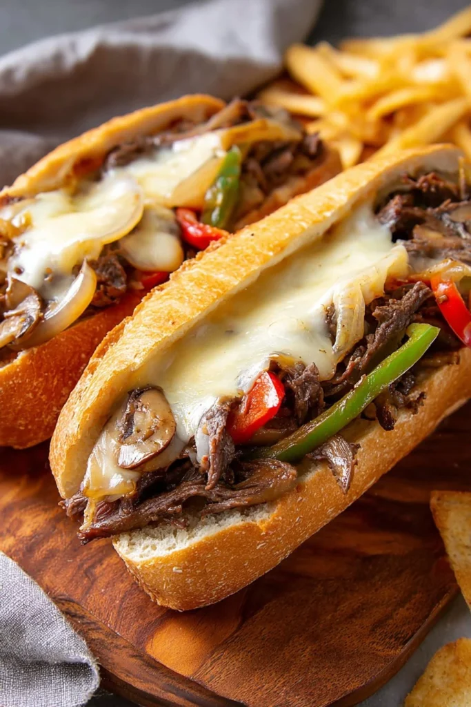 Delicious homemade Philly Cheesesteak served with ingredients on a bun