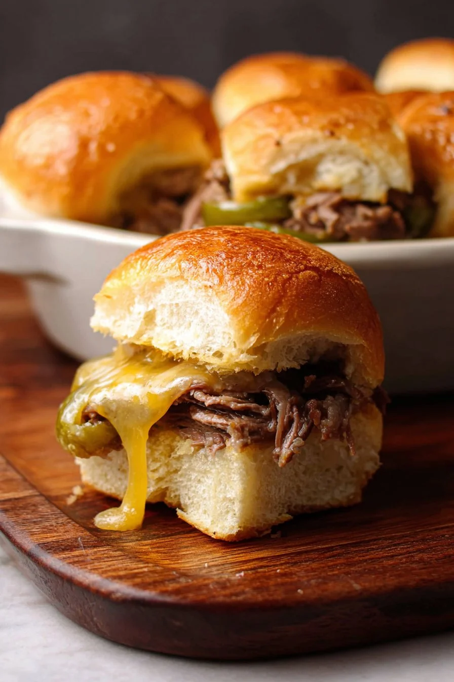 Philly Cheesesteak Sliders served on a platter with toppings and cheese