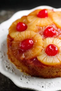 A delicious Pineapple Upside Down Cake topped with caramelized pineapple slices.