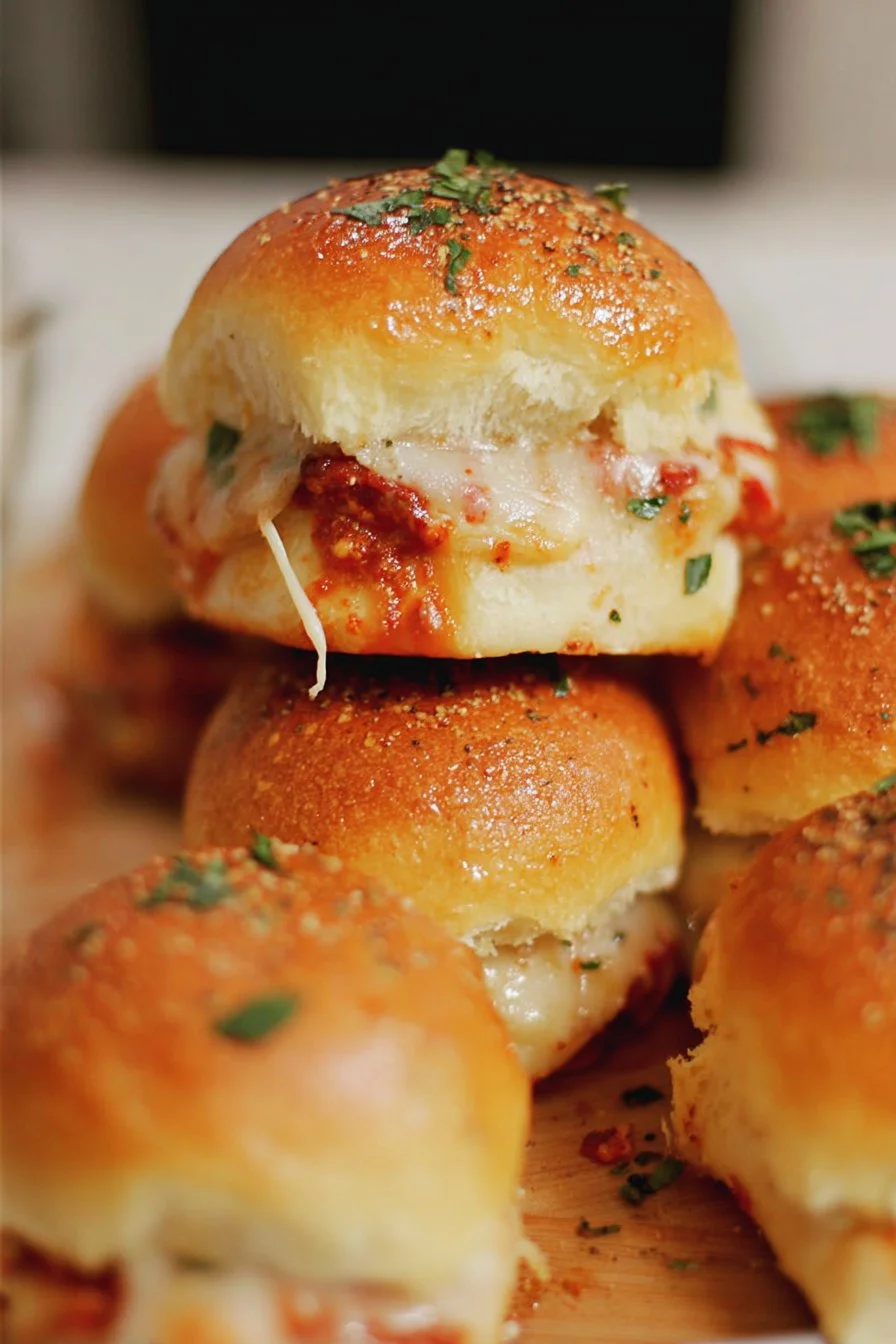 Plate of tasty pizza sliders topped with melted cheese and pepperoni