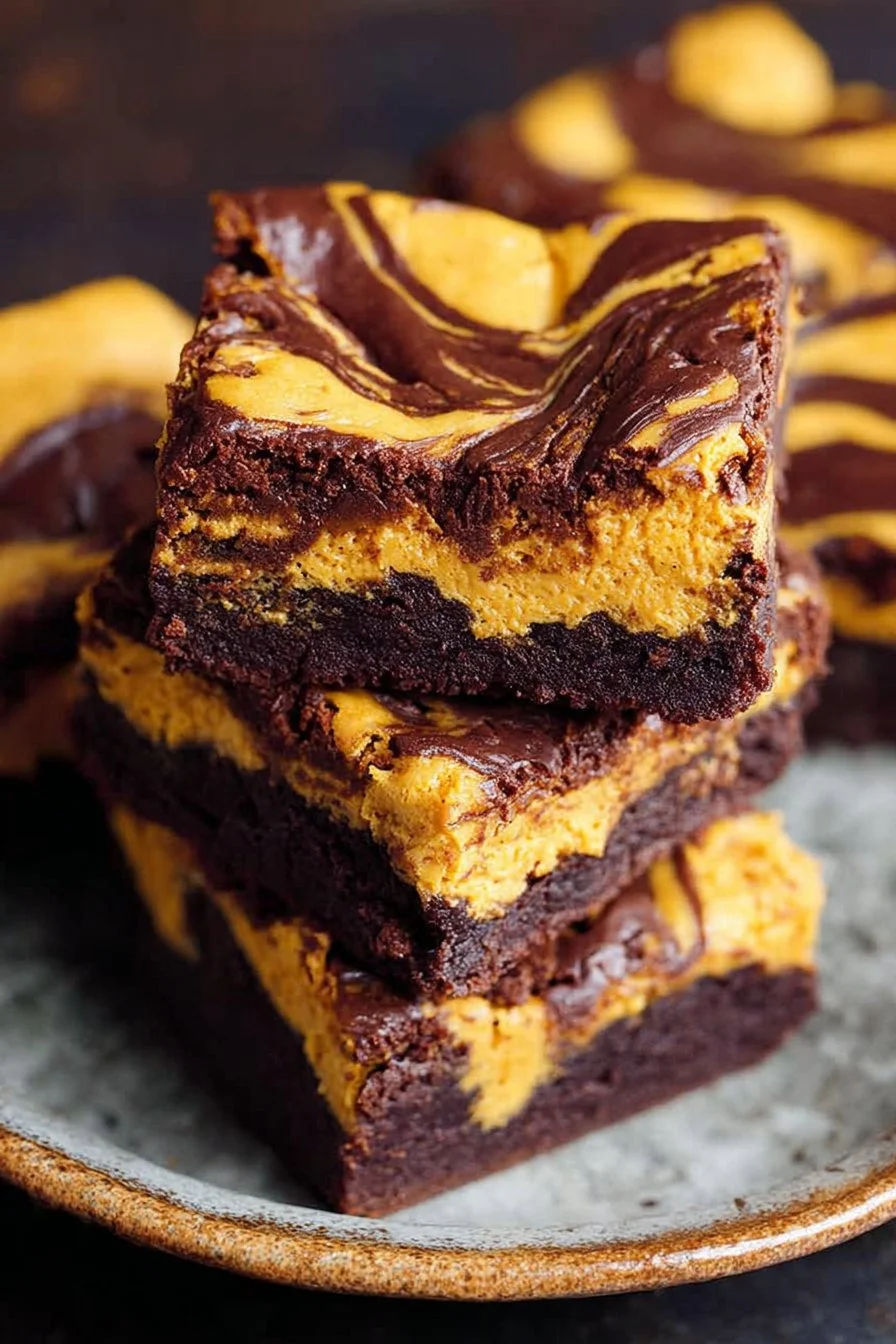 Delicious Pumpkin Cheesecake Brownies topped with cream and spices