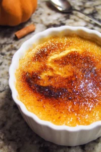 Delicious Pumpkin Crème Brûlée dessert in a ramekin, topped with caramelized sugar.