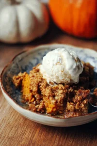 Delicious homemade Pumpkin Crisp topped with crunchy oats.