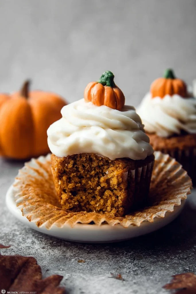 Pumpkin cupcakes with cream cheese frosting garnished with autumn spices