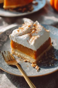 A slice of Pumpkin Delight dessert topped with whipped cream and cinnamon