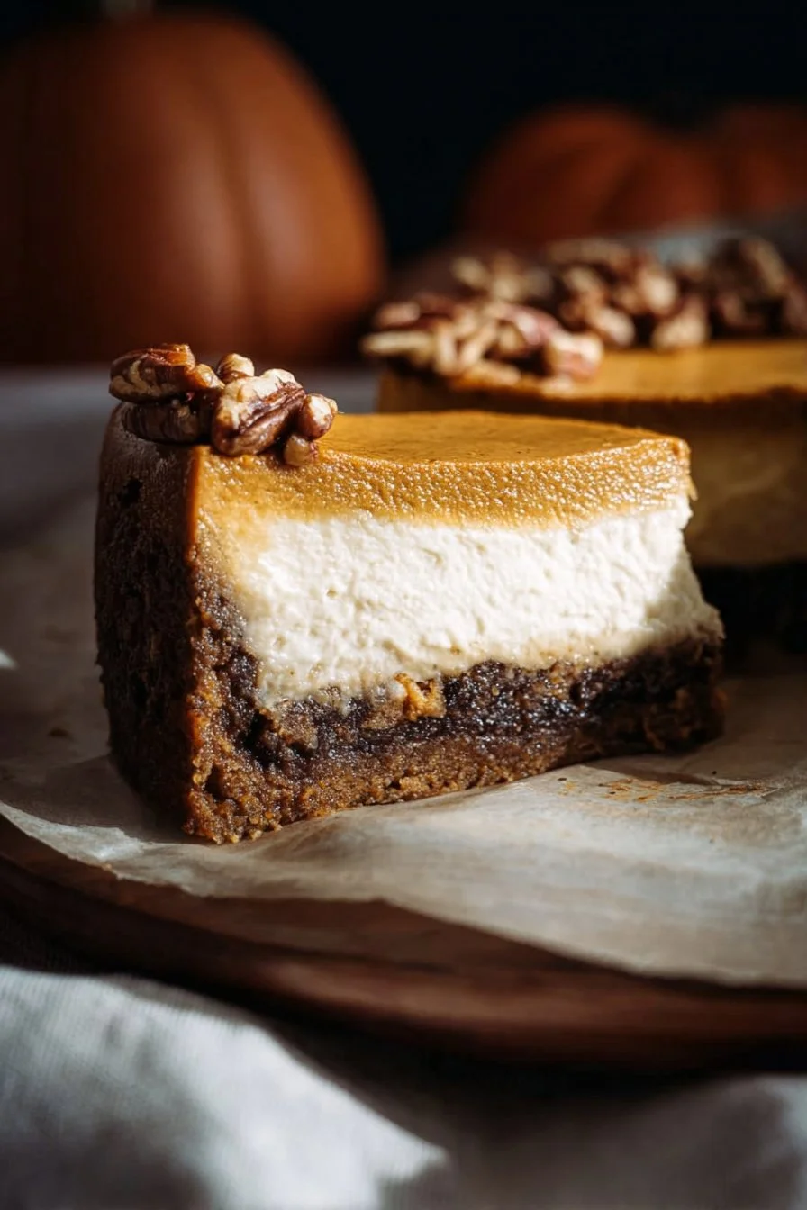 Delicious Pumpkin Pecan Pie Cheesecake with whipped cream and pecans