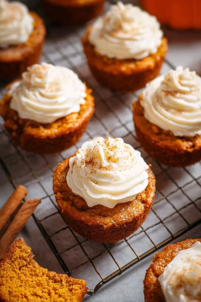Delicious pumpkin pie cupcakes with cream cheese whipped cream topping