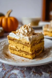 No-bake Pumpkin Pie Icebox Cake layered with creamy pumpkin filling and whipped topping.