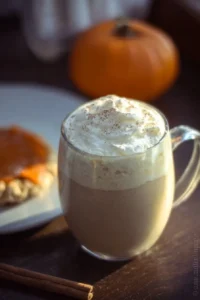 Creamy pumpkin pie white hot chocolate topped with whipped cream and spices