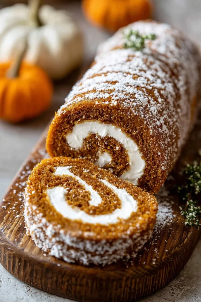 Delicious homemade Pumpkin Roll Cake with cream filling and pumpkin spice