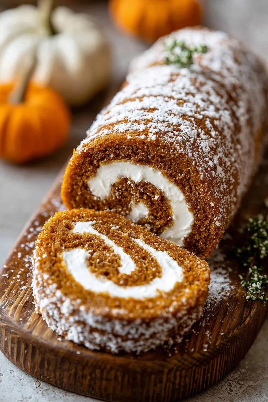 Delicious homemade Pumpkin Roll Cake with cream filling and pumpkin spice