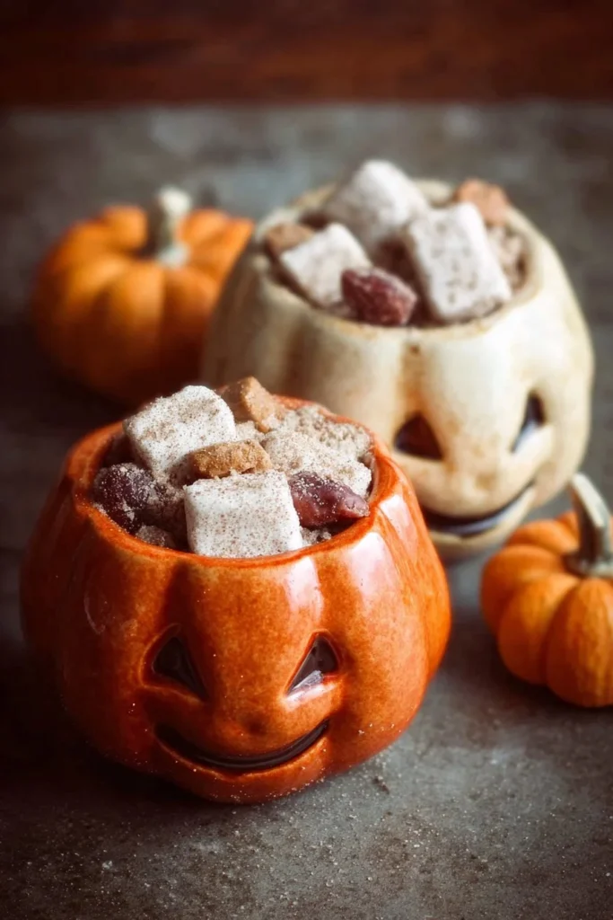 A plate of Pumpkin Spice Buddies surrounded by fall leaves and pumpkins