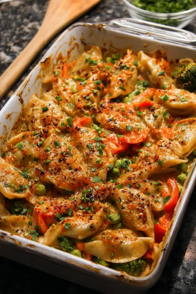 Quick and easy potsticker casserole with delicious fillings and crispy topping