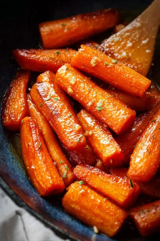 Plate of roasted brown butter honey garlic carrots garnished with herbs