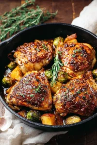 Roasted honey garlic butter chicken garnished with herbs