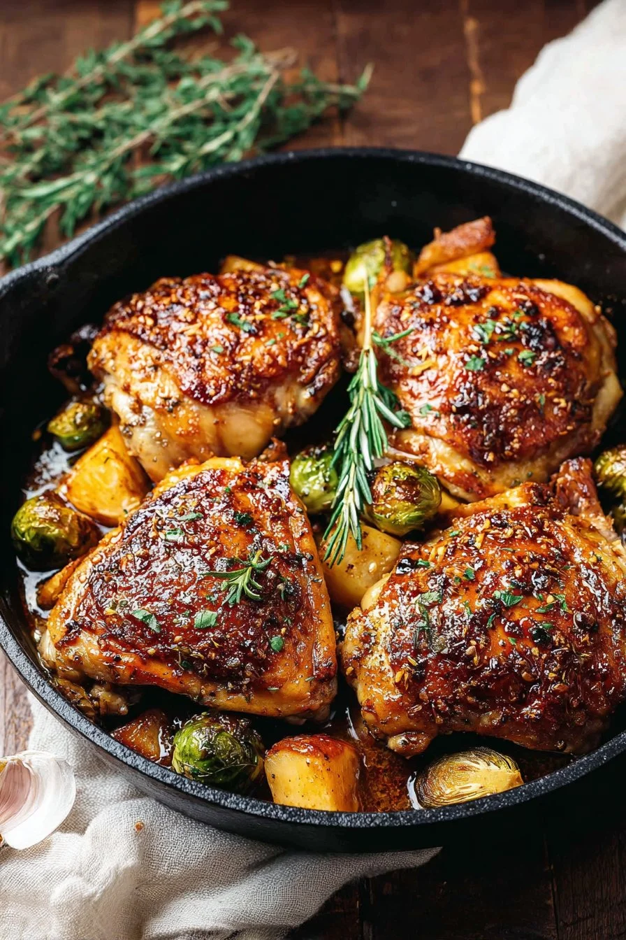 Roasted honey garlic butter chicken garnished with herbs