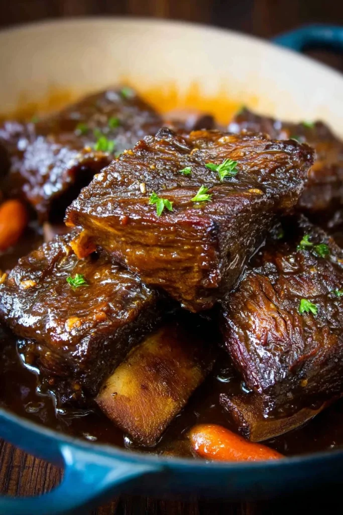 Delicious Root Beer Glazed Short Ribs served on a plate with garnish.