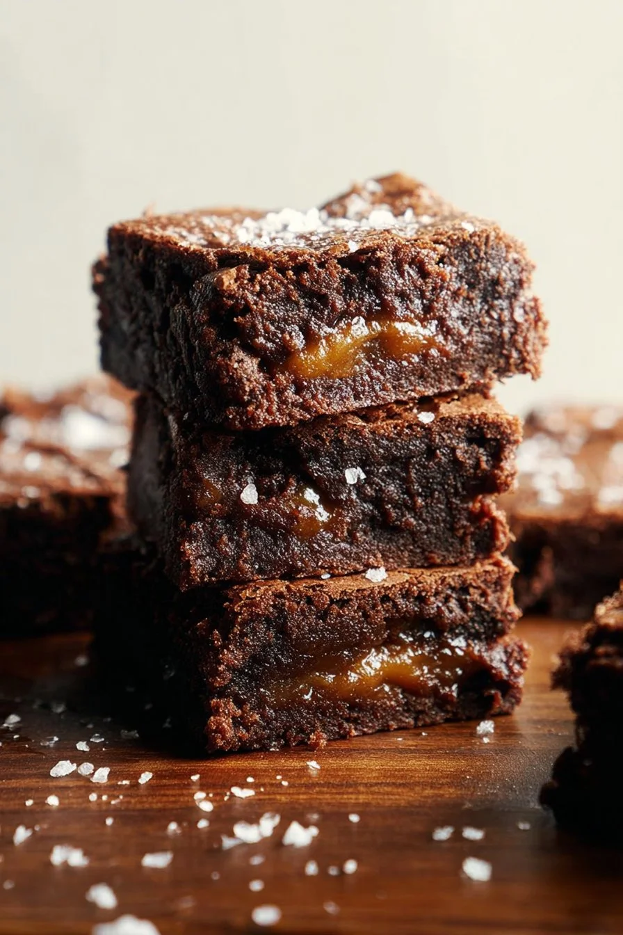 Delicious salted caramel brownies with a rich chocolate base and caramel drizzle