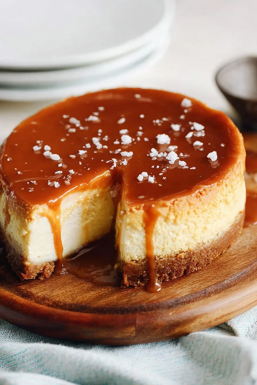 Delicious salted caramel cheesecake topped with caramel drizzle and sea salt flakes.