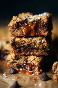 Salted caramel chocolate chip oat cookie bars on a wooden table