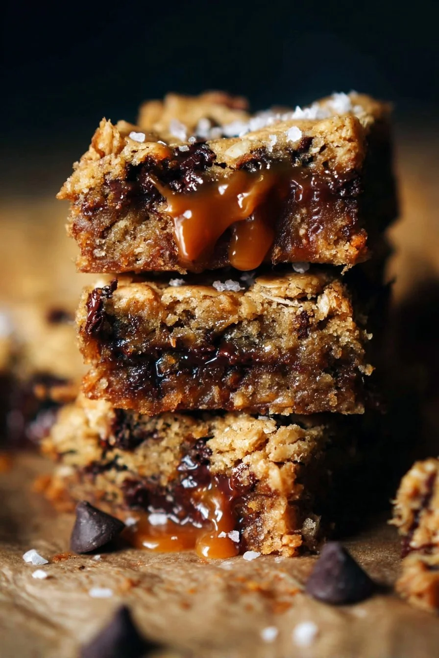 Salted caramel chocolate chip oat cookie bars on a wooden table