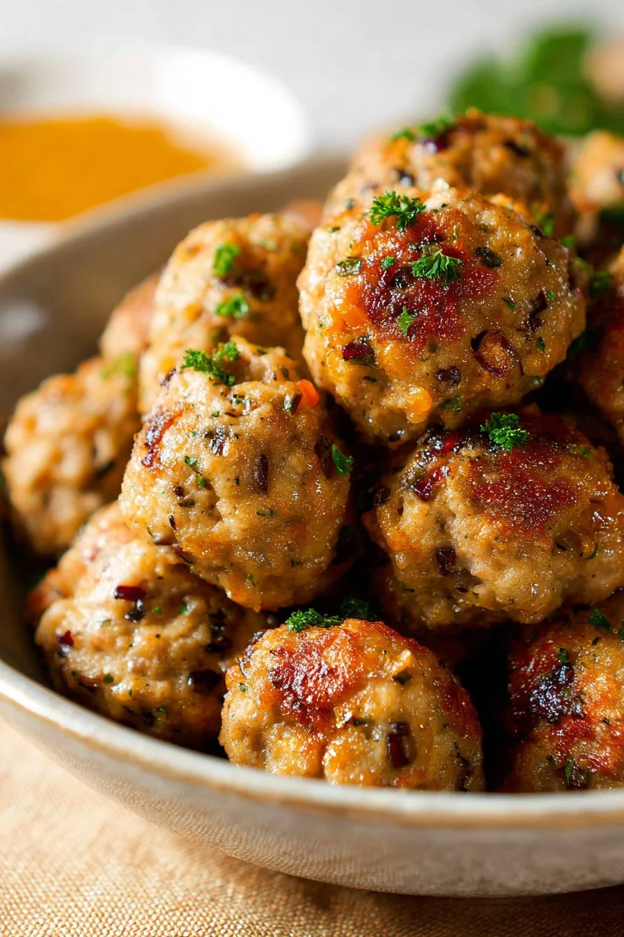Plate of homemade sausage stuffing balls garnished with herbs